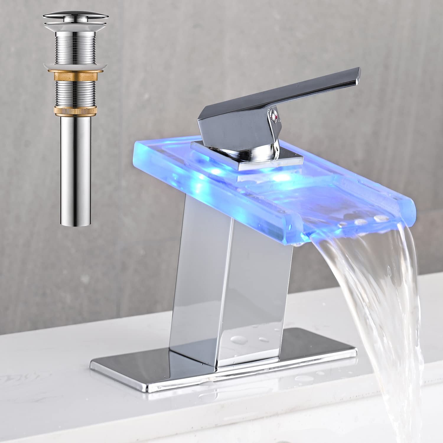 LED Bathroom Sink Faucet, Brushed Gold Waterfall Single Hole Handle Vanity Faucets for Sinks 1 Hole with Metal Pop Up Drain and 2 Water Supply Lines, Open Glass Spout