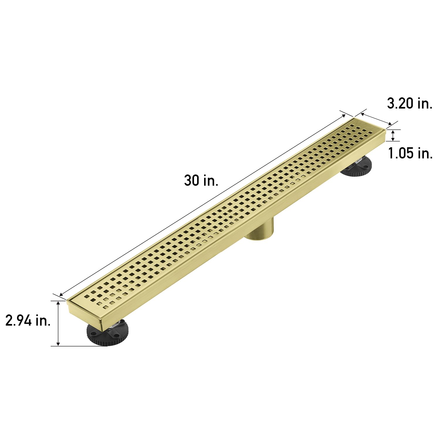 Linear Shower Floor Drain, Brushed Gold 12 Inch 304 Stainless Steel Bathroom Drains Kit, Long Rectangular Shower Trench Drain with Square Pattern Drain Cover & Hair Catcher