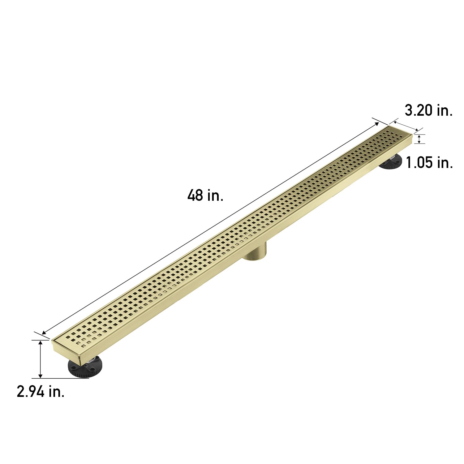 Linear Shower Floor Drain, Brushed Gold 12 Inch 304 Stainless Steel Bathroom Drains Kit, Long Rectangular Shower Trench Drain with Square Pattern Drain Cover & Hair Catcher