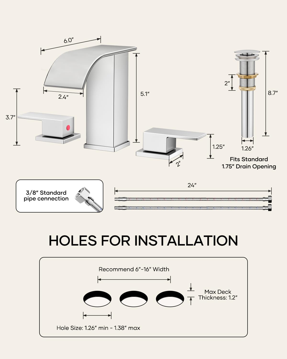 Matte Black Waterfall Bathroom Faucet 3 Hole, 8 Inch Widespread Modern 3 Piece Bathroom Sink Faucet, Touch On Lavatory Faucet for Vanity RV Restroom, Curved Spout