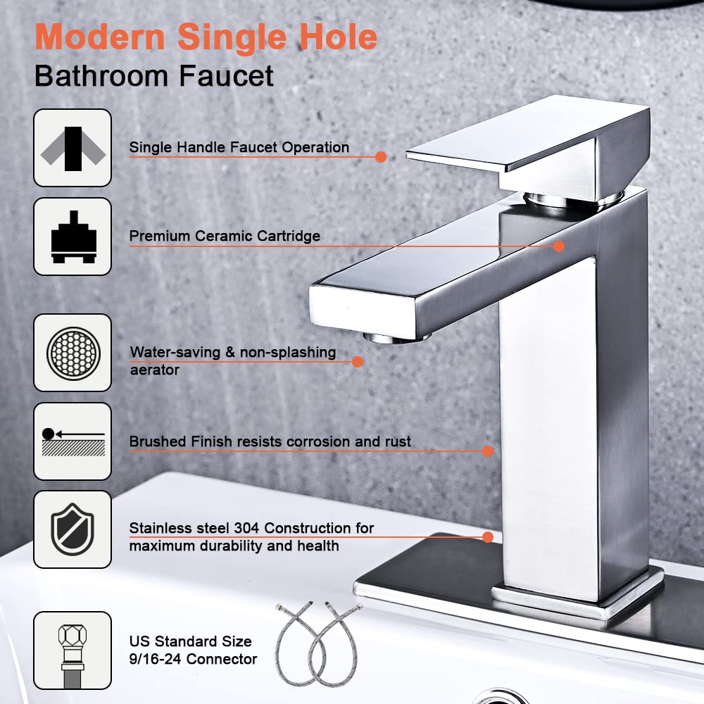 Matte Black Bathroom Faucet, Single Hole Vanity Bath Faucet, Single Handle Modern Stainless Steel Bathroom Faucets for Sink 1 Hole with Pop Up Drain Stopper & Water Supply Hoses