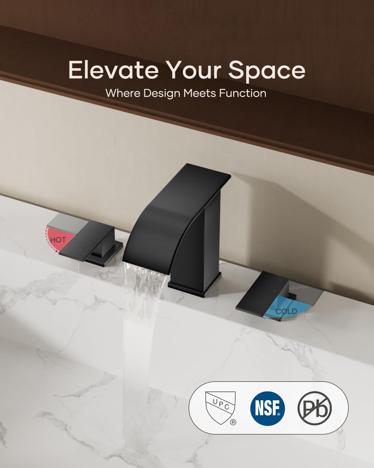 Matte Black Waterfall Bathroom Faucet 3 Hole, 8 Inch Widespread Modern 3 Piece Bathroom Sink Faucet, Touch On Lavatory Faucet for Vanity RV Restroom, Curved Spout