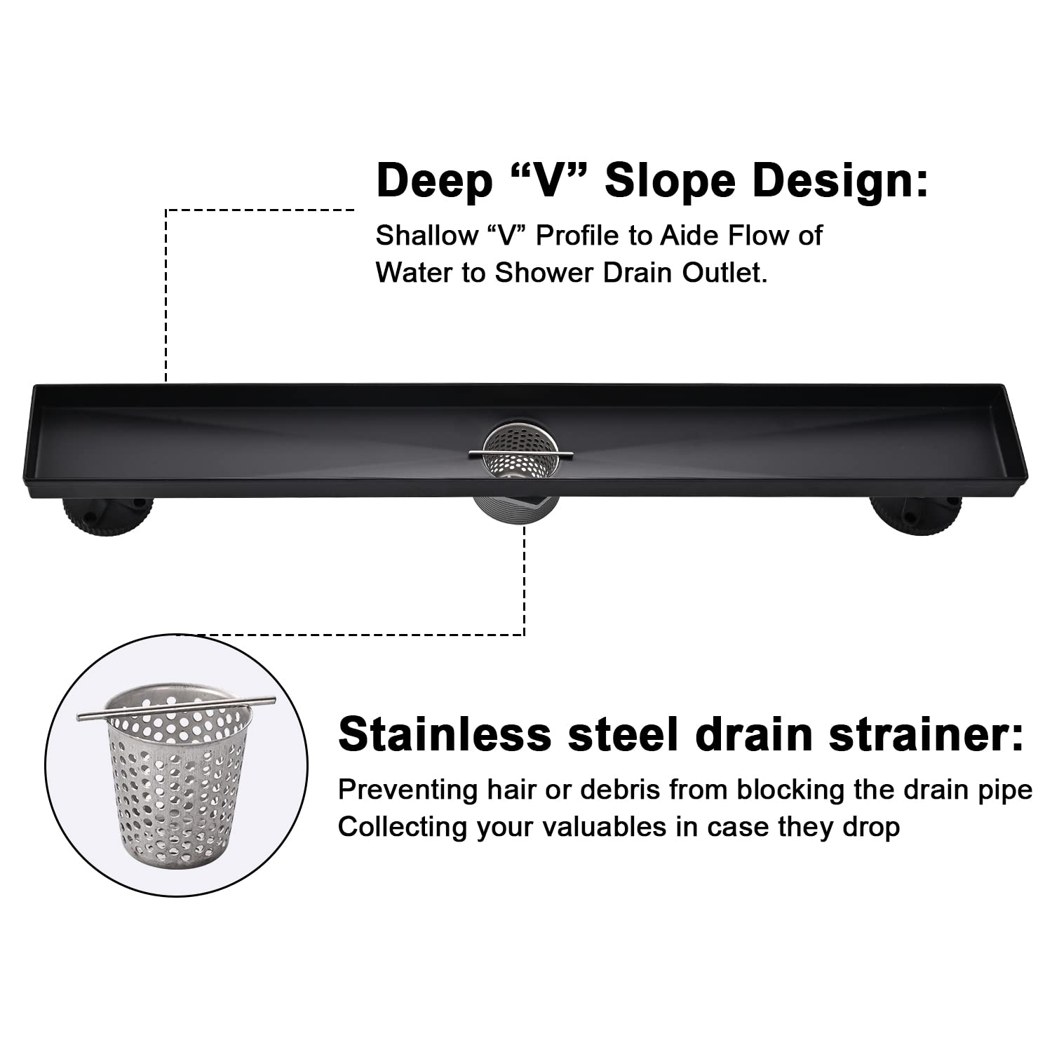 Linear Shower Floor Drain, Brushed Gold 24 Inch 304 Stainless Steel Bathroom Drains Kit, Rectangular Shower Trench Drain with Reversable Tile-in Pattern Drain Cover & Hair Catcher