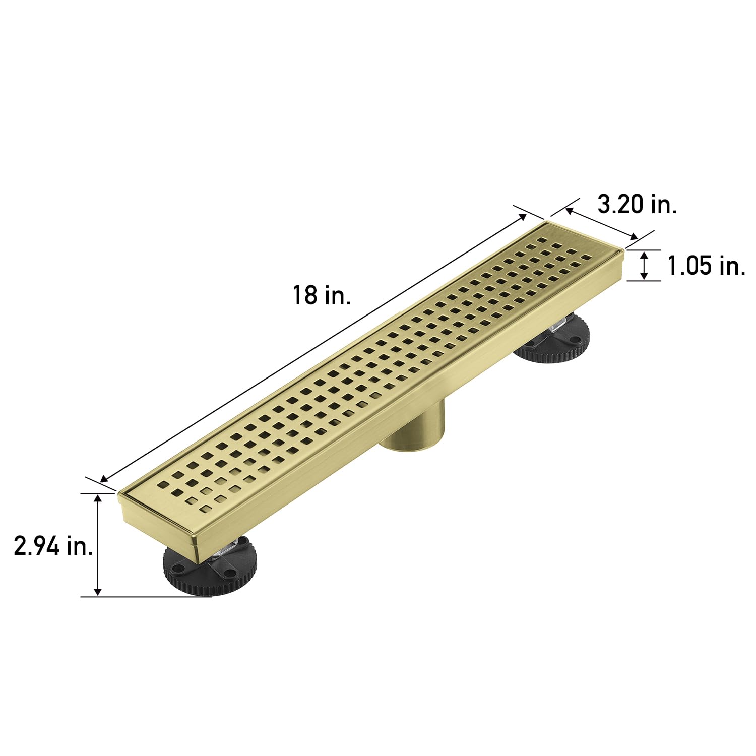 Linear Shower Floor Drain, Brushed Gold 12 Inch 304 Stainless Steel Bathroom Drains Kit, Long Rectangular Shower Trench Drain with Square Pattern Drain Cover & Hair Catcher