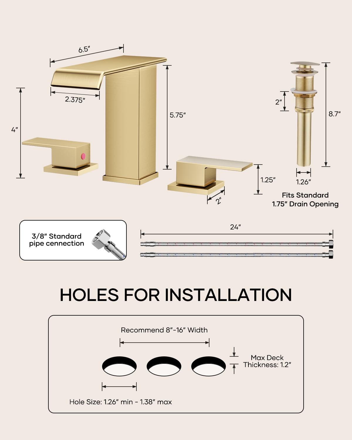 Matte Black Waterfall Bathroom Faucet 3 Hole, 8 Inch Widespread Modern 3 Piece Bathroom Sink Faucet, Touch On Lavatory Faucet for Vanity RV Restroom, Curved Spout