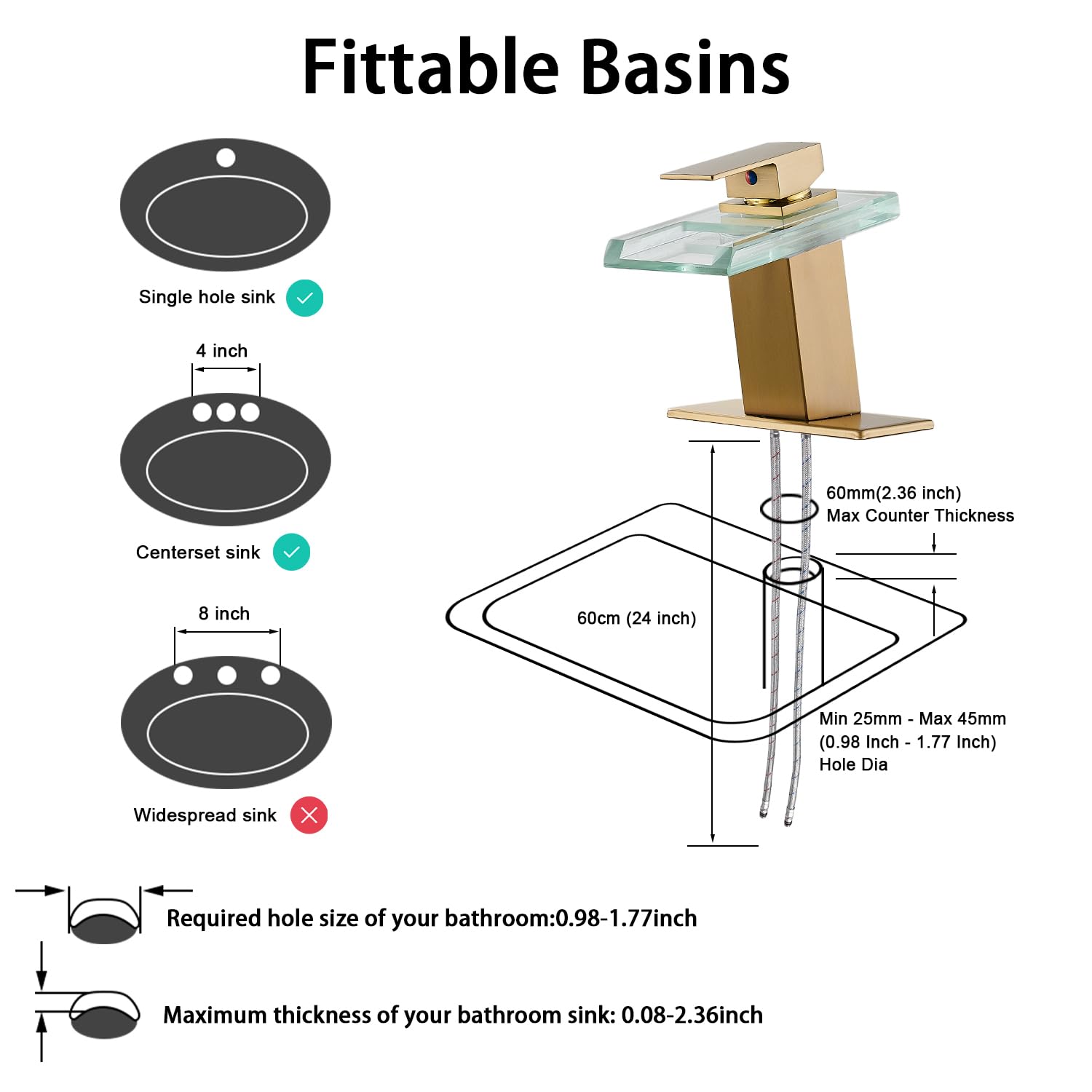 LED Bathroom Sink Faucet, Brushed Gold Waterfall Single Hole Handle Vanity Faucets for Sinks 1 Hole with Metal Pop Up Drain and 2 Water Supply Lines, Open Glass Spout
