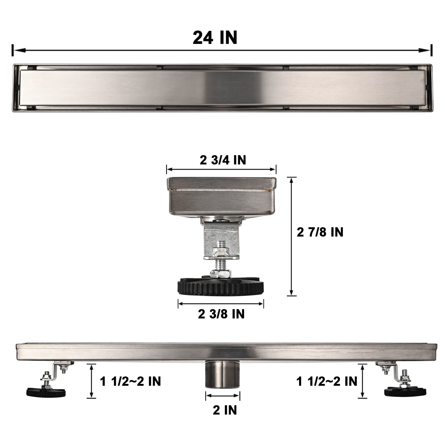 Linear Shower Floor Drain, Brushed Gold 24 Inch 304 Stainless Steel Bathroom Drains Kit, Rectangular Shower Trench Drain with Reversable Tile-in Pattern Drain Cover & Hair Catcher