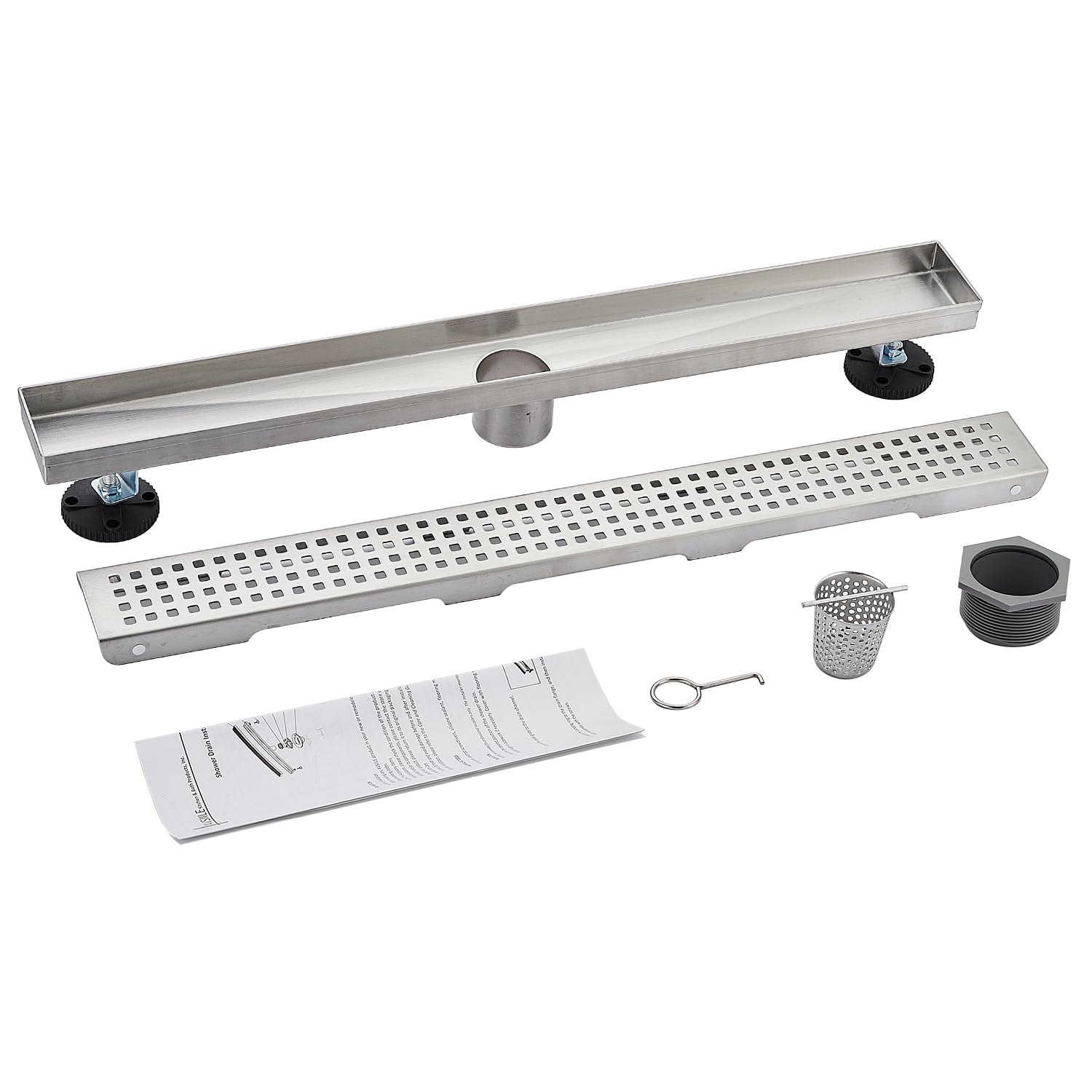 Linear Shower Floor Drain, Brushed Gold 12 Inch 304 Stainless Steel Bathroom Drains Kit, Long Rectangular Shower Trench Drain with Square Pattern Drain Cover & Hair Catcher