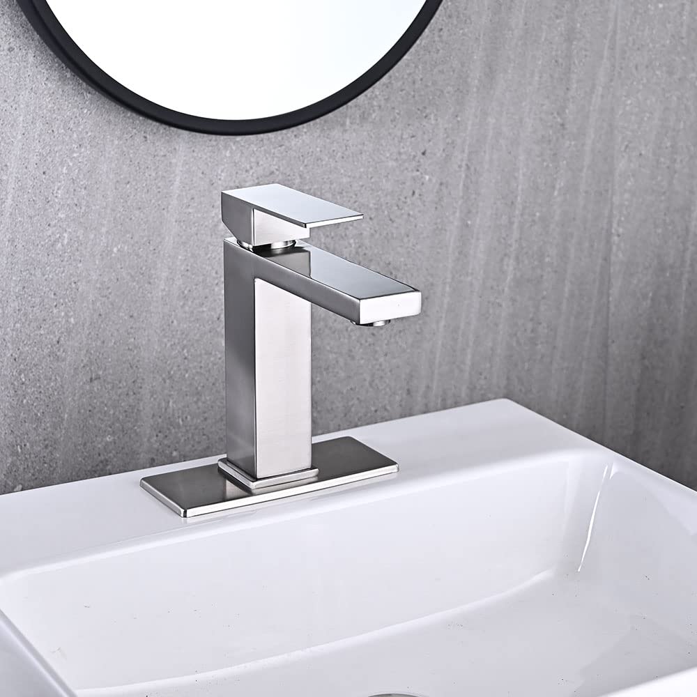 Matte Black Bathroom Faucet, Single Hole Vanity Bath Faucet, Single Handle Modern Stainless Steel Bathroom Faucets for Sink 1 Hole with Pop Up Drain Stopper & Water Supply Hoses