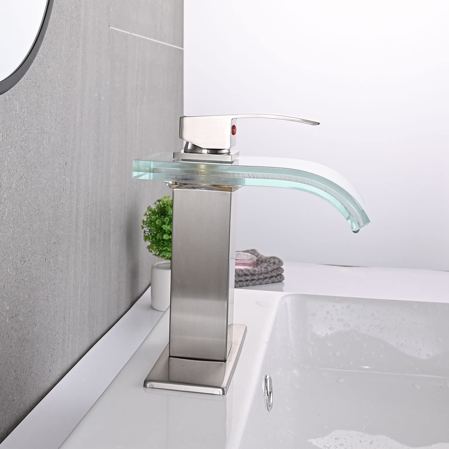 LED Bathroom Sink Faucet, Brushed Nickel Waterfall Single Hole Handle Vanity Faucets for Sinks 1 Hole with Metal Pop Up Drain and 2 Water Supply Lines, Wide Glass Spout