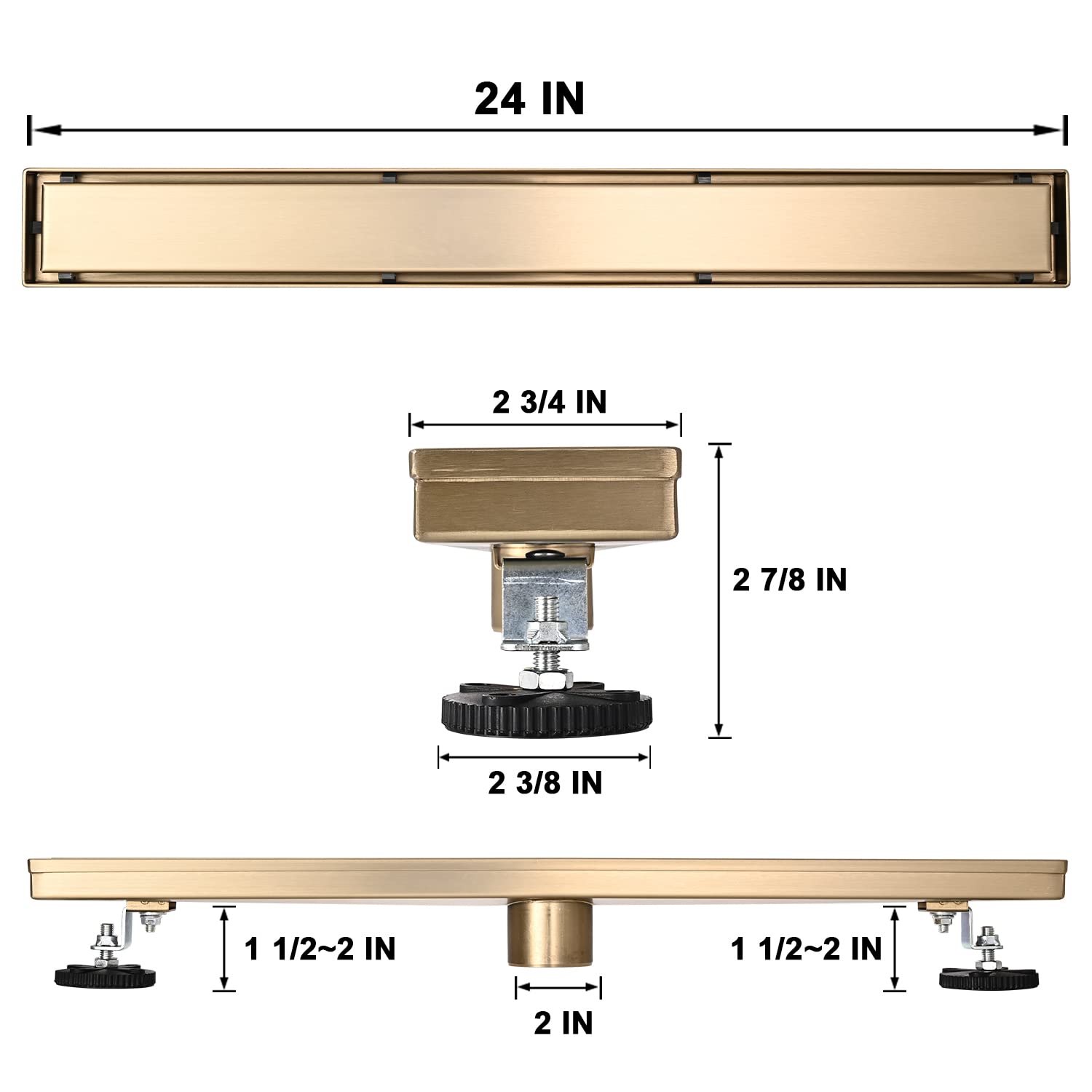 Linear Shower Floor Drain, Brushed Gold 24 Inch 304 Stainless Steel Bathroom Drains Kit, Rectangular Shower Trench Drain with Reversable Tile-in Pattern Drain Cover & Hair Catcher