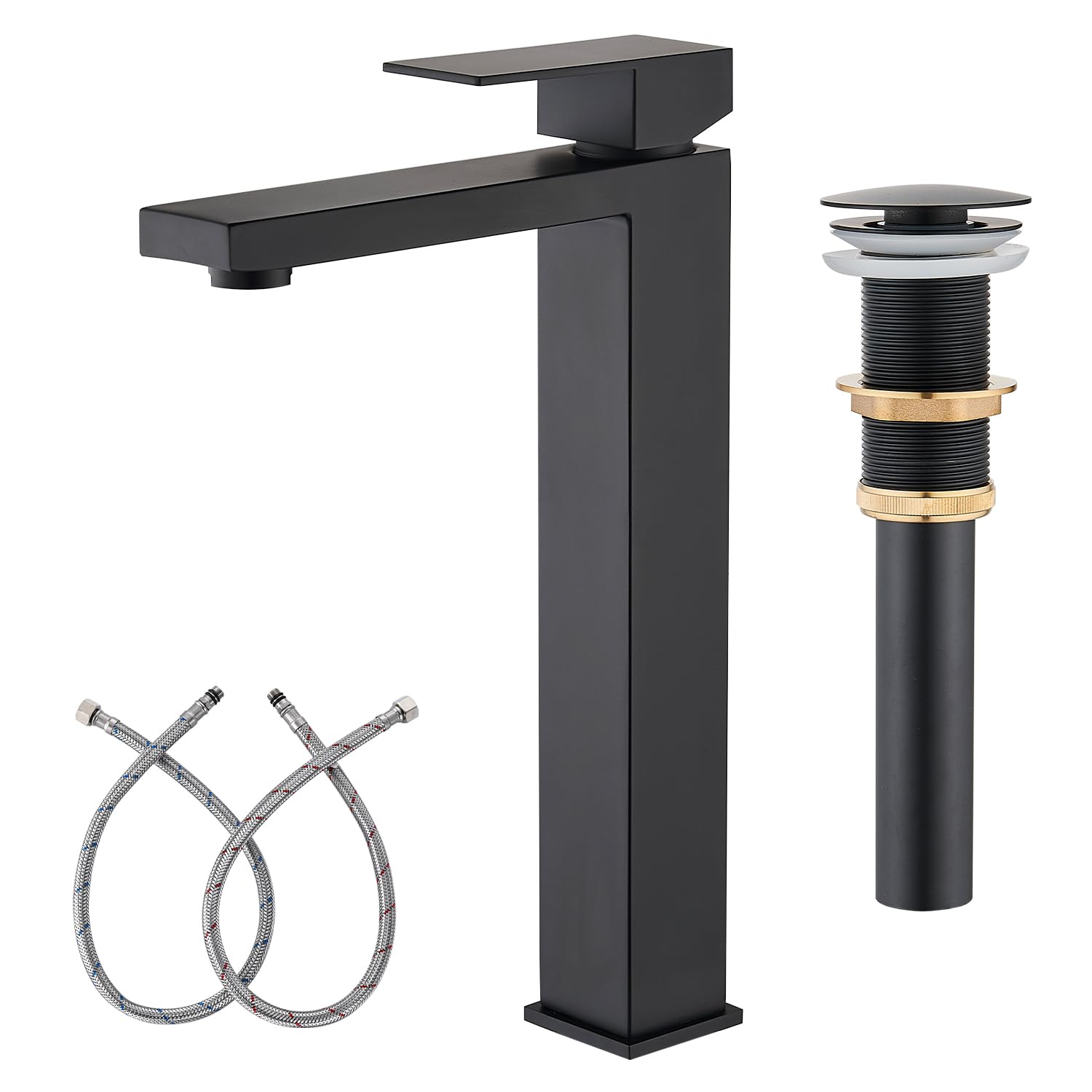 Matte Black Bathroom Faucet, Single Hole Vanity Bath Faucet, Single Handle Modern Stainless Steel Bathroom Faucets for Sink 1 Hole with Pop Up Drain Stopper & Water Supply Hoses