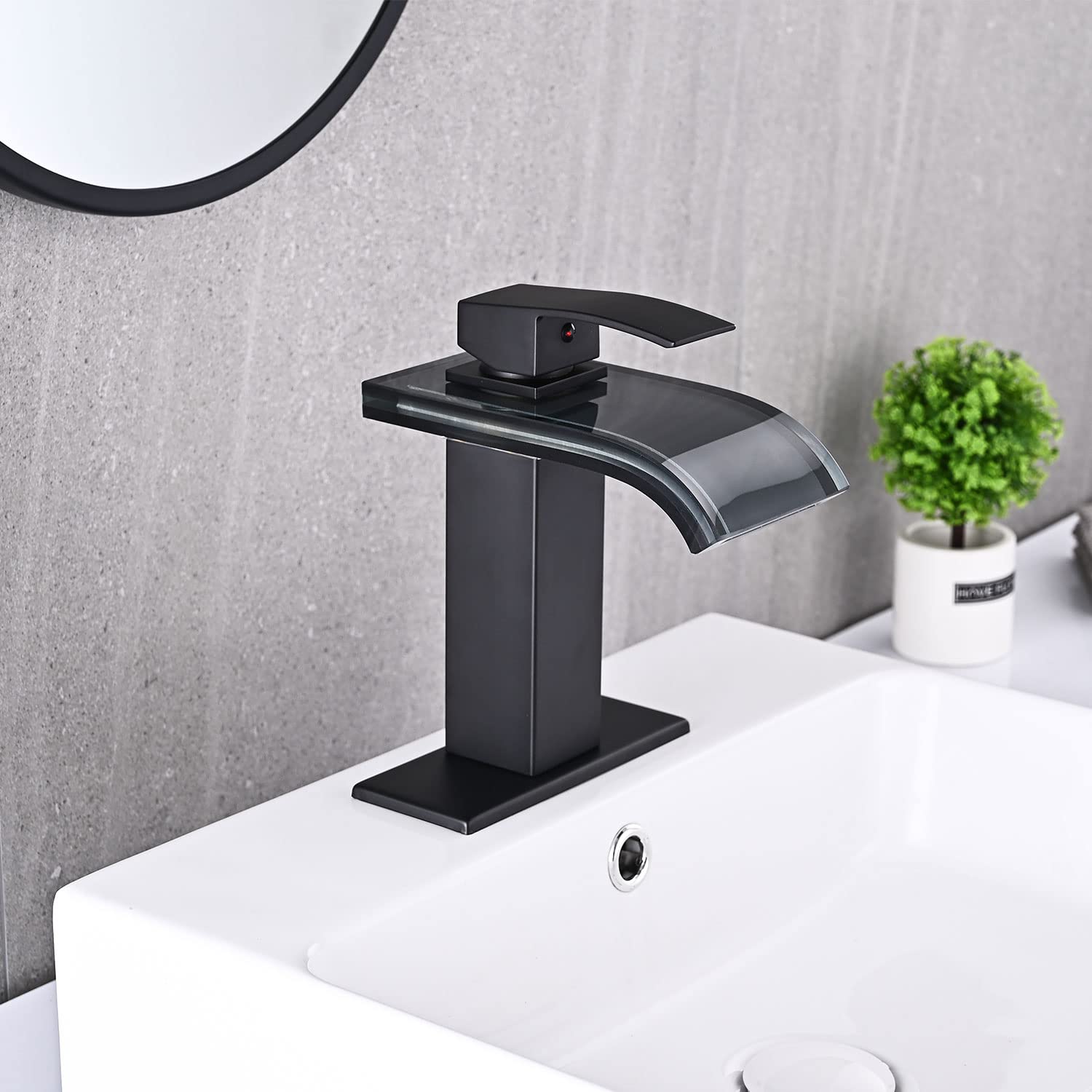 LED Bathroom Sink Faucet, Brushed Nickel Waterfall Single Hole Handle Vanity Faucets for Sinks 1 Hole with Metal Pop Up Drain and 2 Water Supply Lines, Wide Glass Spout