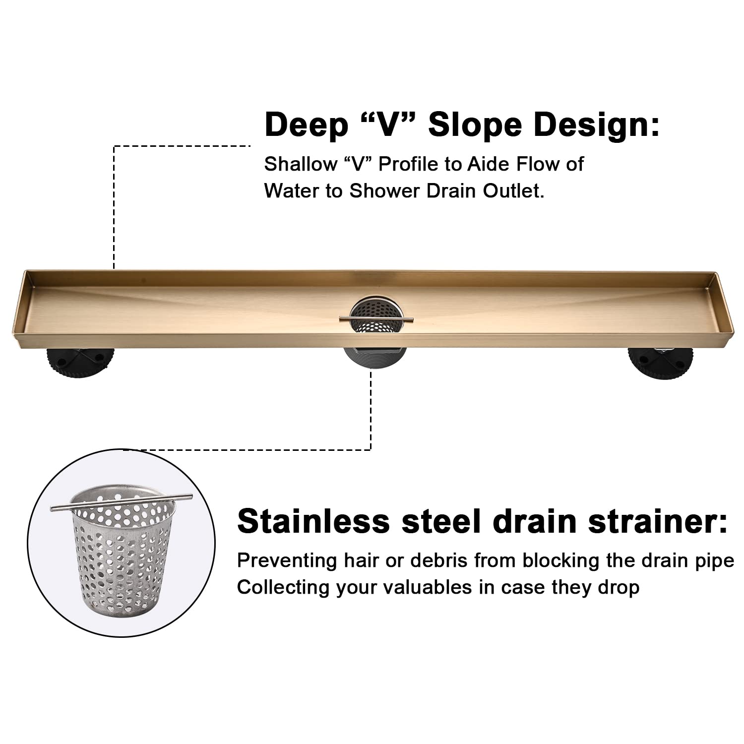 Linear Shower Floor Drain, Brushed Gold 24 Inch 304 Stainless Steel Bathroom Drains Kit, Rectangular Shower Trench Drain with Reversable Tile-in Pattern Drain Cover & Hair Catcher