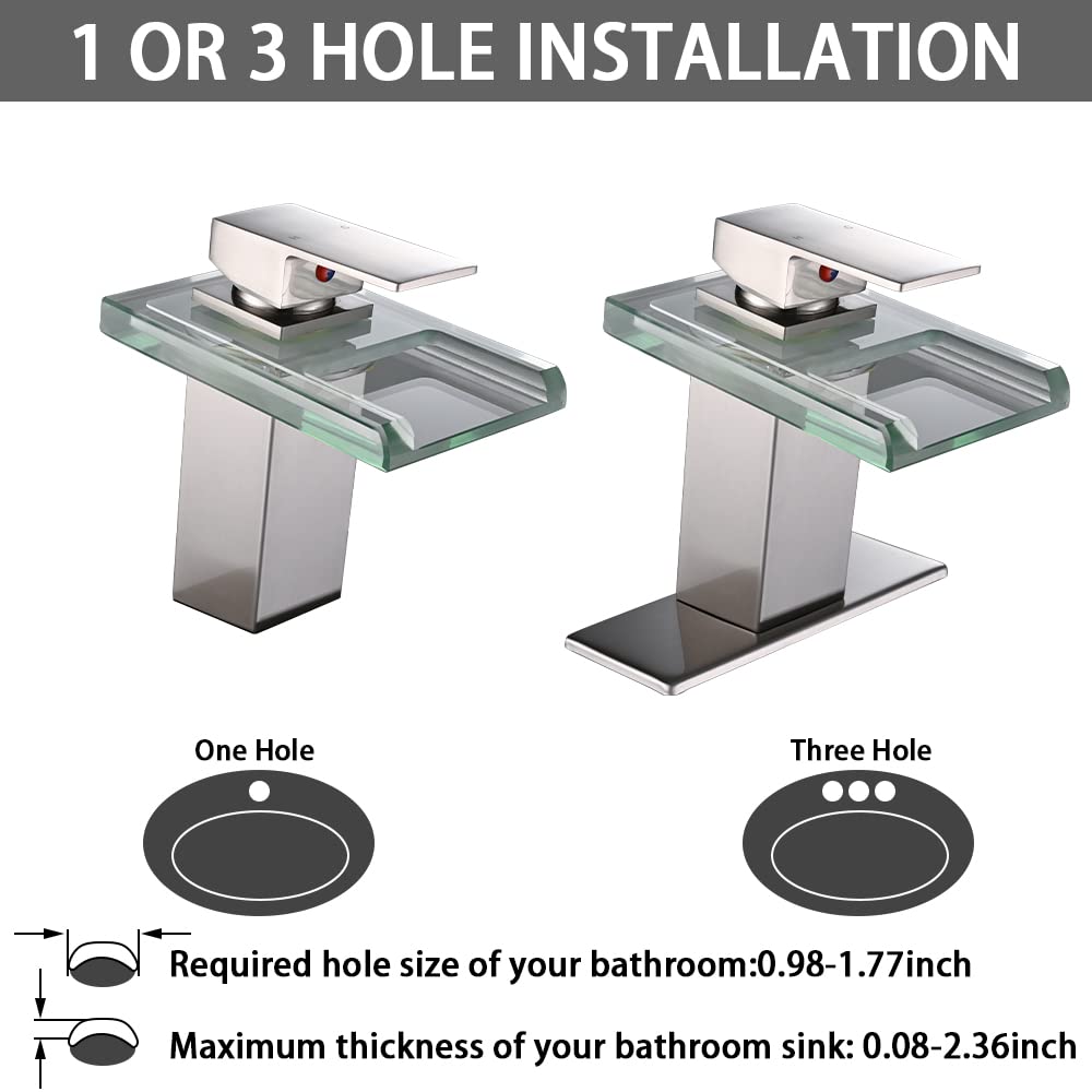 LED Bathroom Sink Faucet, Brushed Gold Waterfall Single Hole Handle Vanity Faucets for Sinks 1 Hole with Metal Pop Up Drain and 2 Water Supply Lines, Open Glass Spout