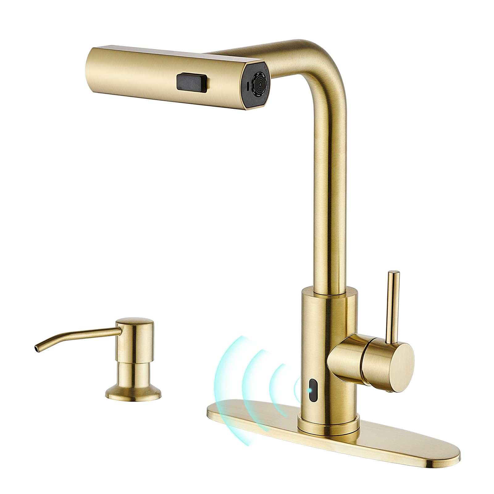 Brushed Nickel Kitchen Faucets with Pull Down Sprayer & Soap Dispenser, Single Hole & Handle, Pull Out Tap, Waterfall Stainless Steel Sink Faucet for Farmhouse Camper Laundry Rv Bar