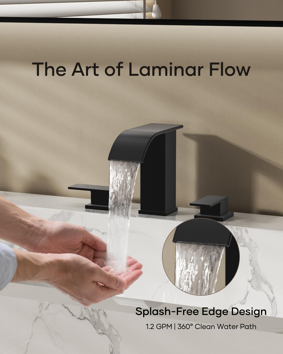 Matte Black Waterfall Bathroom Faucet 3 Hole, 8 Inch Widespread Modern 3 Piece Bathroom Sink Faucet, Touch On Lavatory Faucet for Vanity RV Restroom, Curved Spout