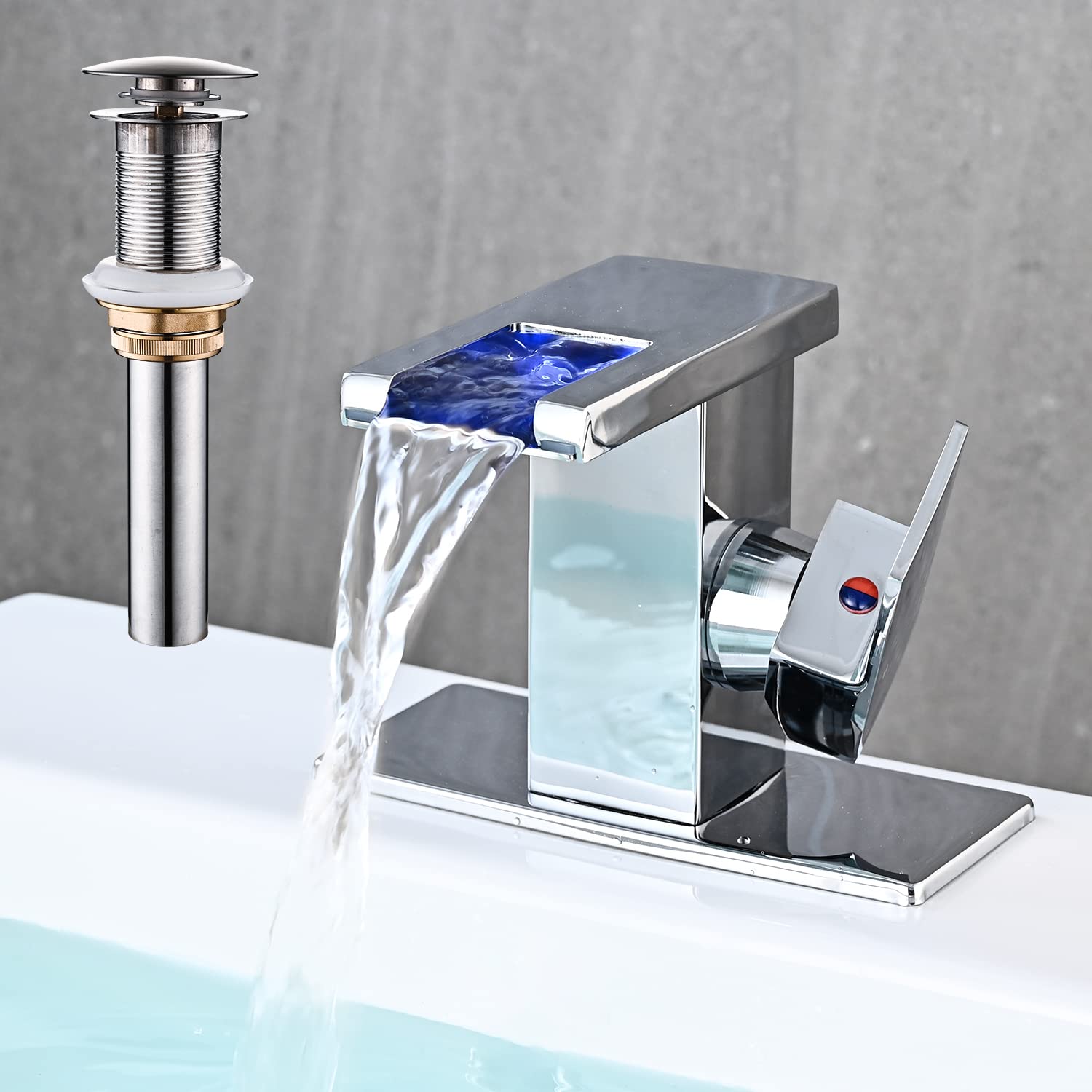 LED Bathroom Sink Faucet, Brushed Gold Waterfall Single Hole Handle Vanity Faucets for Sinks 1 Hole with Metal Pop Up Drain and 2 Water Supply Lines, Side Handle