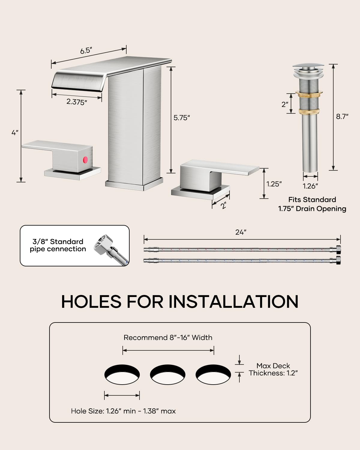 Matte Black Waterfall Bathroom Faucet 3 Hole, 8 Inch Widespread Modern 3 Piece Bathroom Sink Faucet, Touch On Lavatory Faucet for Vanity RV Restroom, Curved Spout