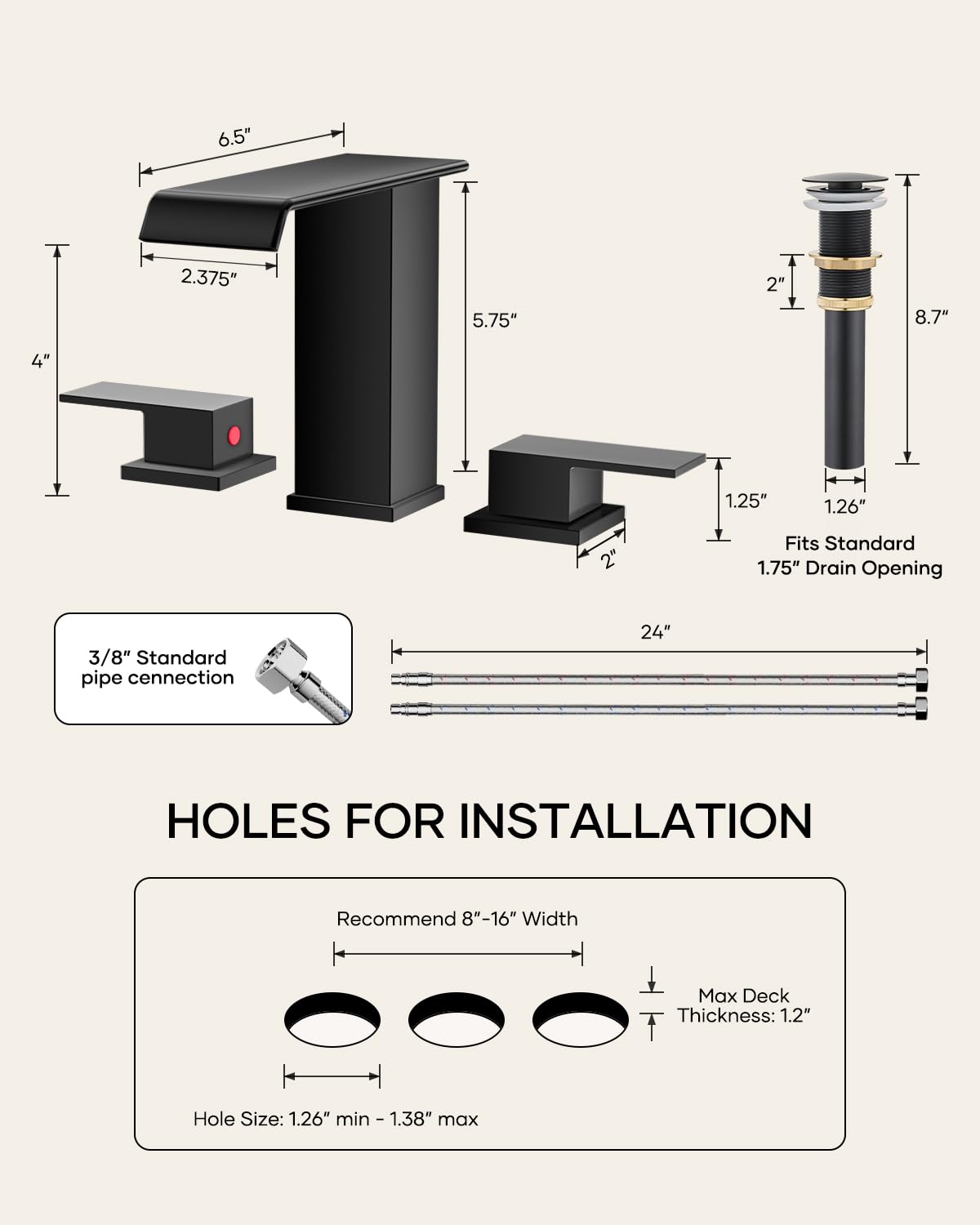 Matte Black Waterfall Bathroom Faucet 3 Hole, 8 Inch Widespread Modern 3 Piece Bathroom Sink Faucet, Touch On Lavatory Faucet for Vanity RV Restroom, Curved Spout