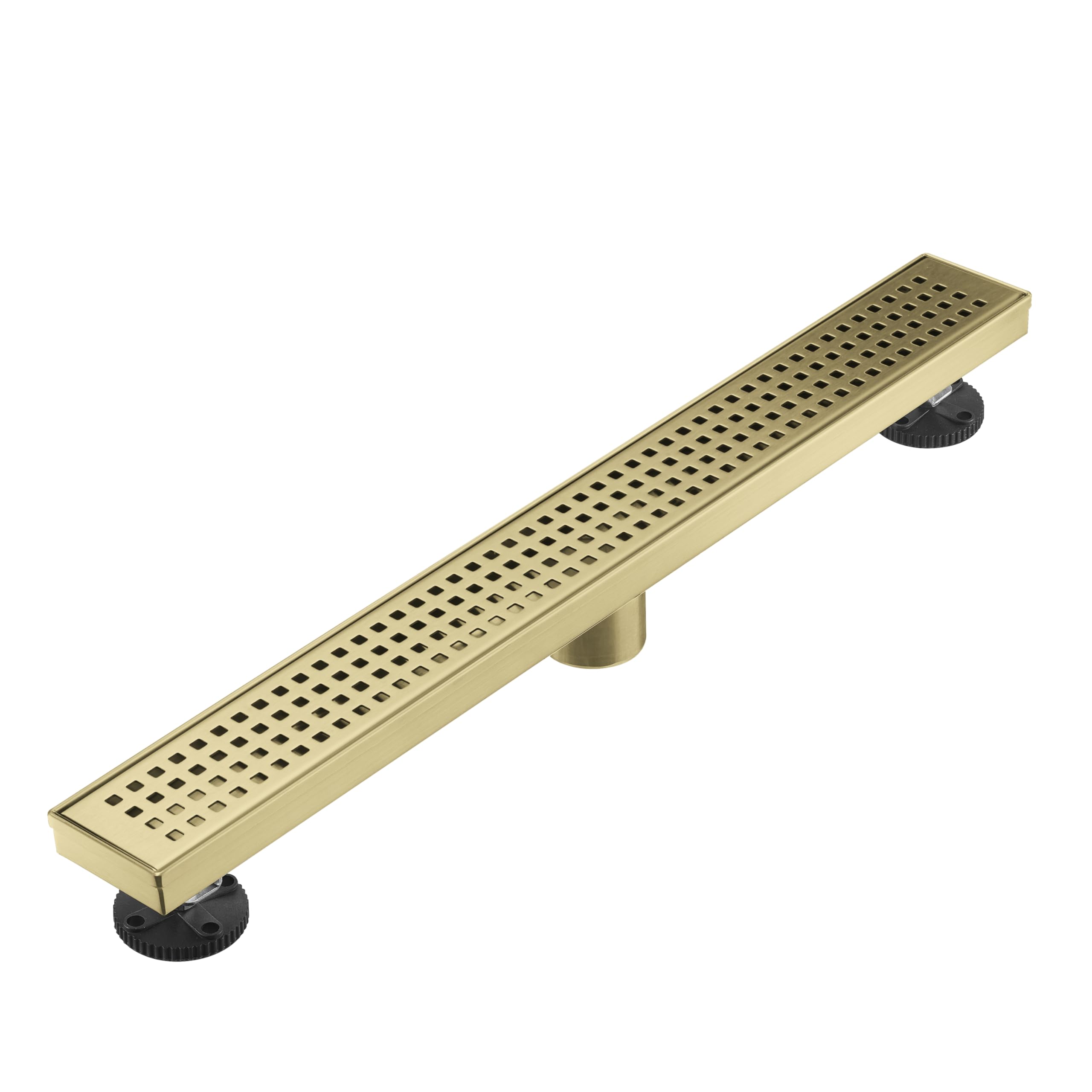 Linear Shower Floor Drain, Brushed Gold 12 Inch 304 Stainless Steel Bathroom Drains Kit, Long Rectangular Shower Trench Drain with Square Pattern Drain Cover & Hair Catcher
