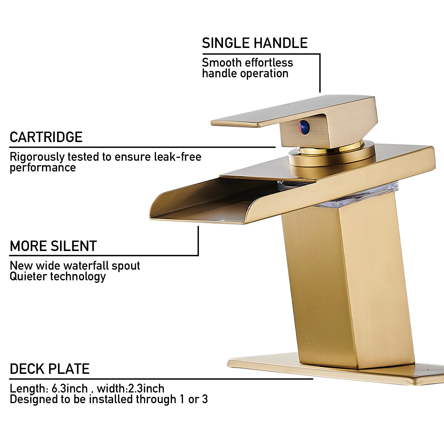 LED Bathroom Sink Faucet, Brushed Gold Waterfall Single Hole Handle Vanity Faucets for Sinks 1 Hole with Metal Pop Up Drain and 2 Water Supply Lines, Open Glass Spout