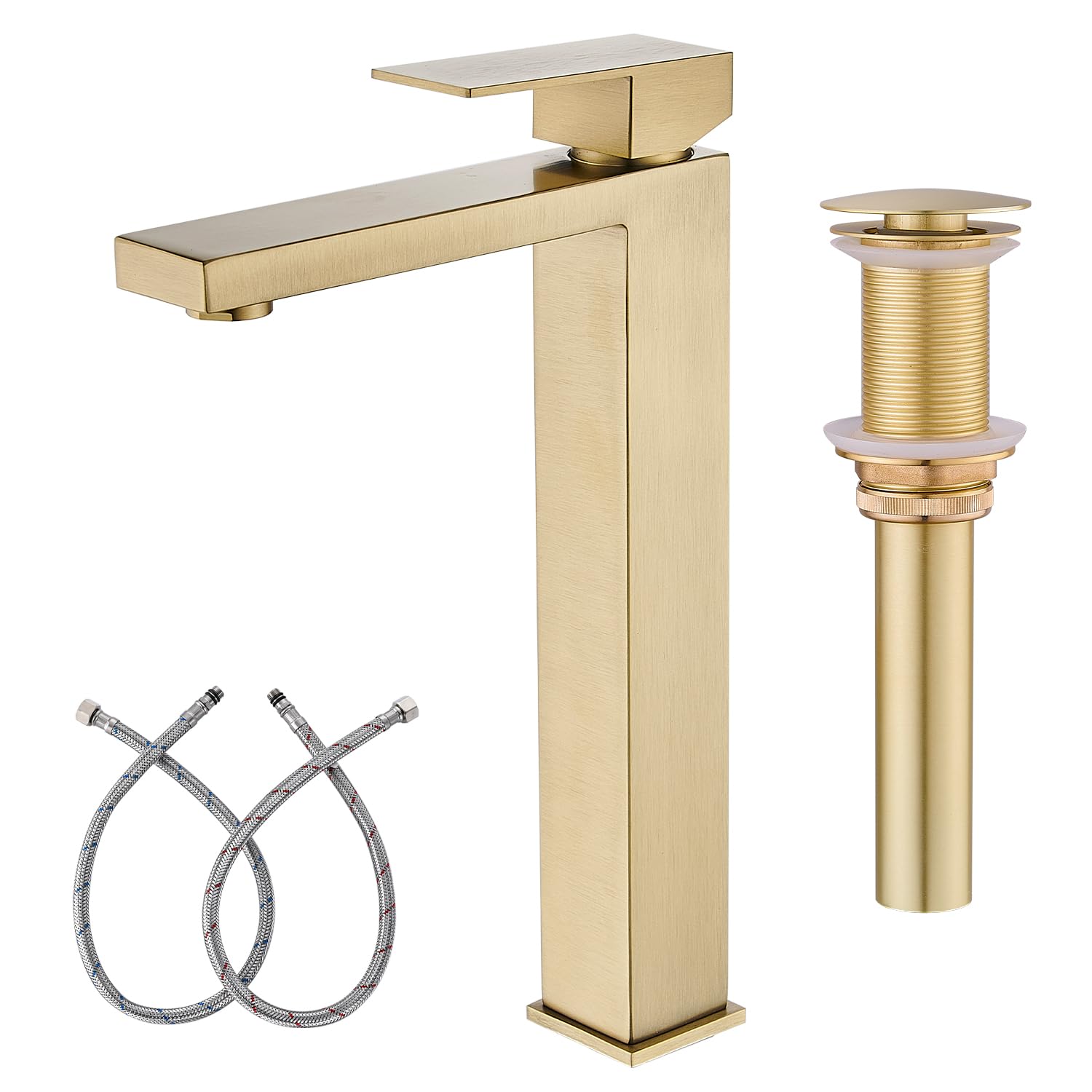 Matte Black Bathroom Faucet, Single Hole Vanity Bath Faucet, Single Handle Modern Stainless Steel Bathroom Faucets for Sink 1 Hole with Pop Up Drain Stopper & Water Supply Hoses