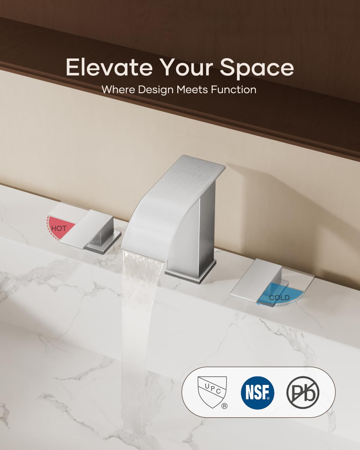 Matte Black Waterfall Bathroom Faucet 3 Hole, 8 Inch Widespread Modern 3 Piece Bathroom Sink Faucet, Touch On Lavatory Faucet for Vanity RV Restroom, Curved Spout