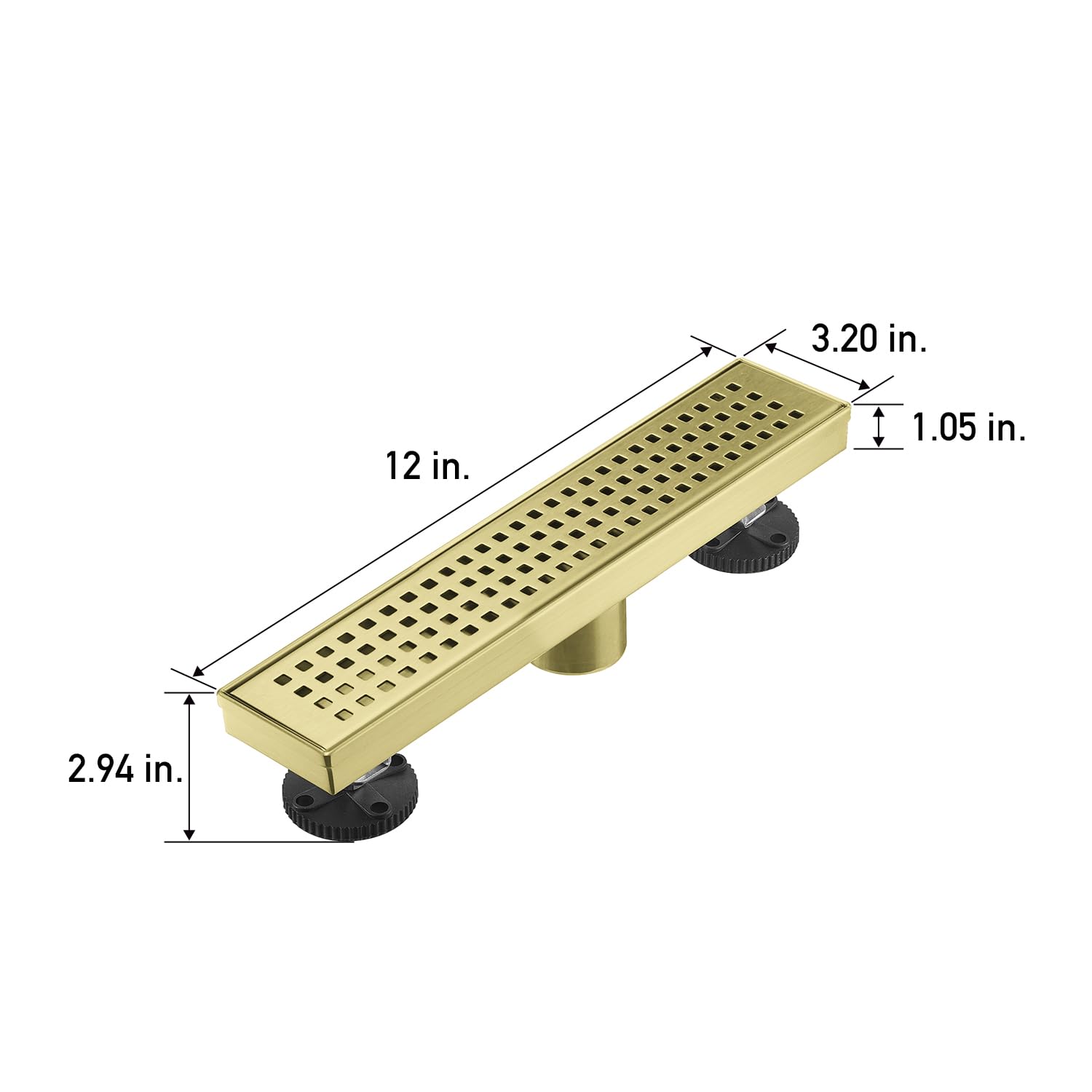 Linear Shower Floor Drain, Brushed Gold 12 Inch 304 Stainless Steel Bathroom Drains Kit, Long Rectangular Shower Trench Drain with Square Pattern Drain Cover & Hair Catcher