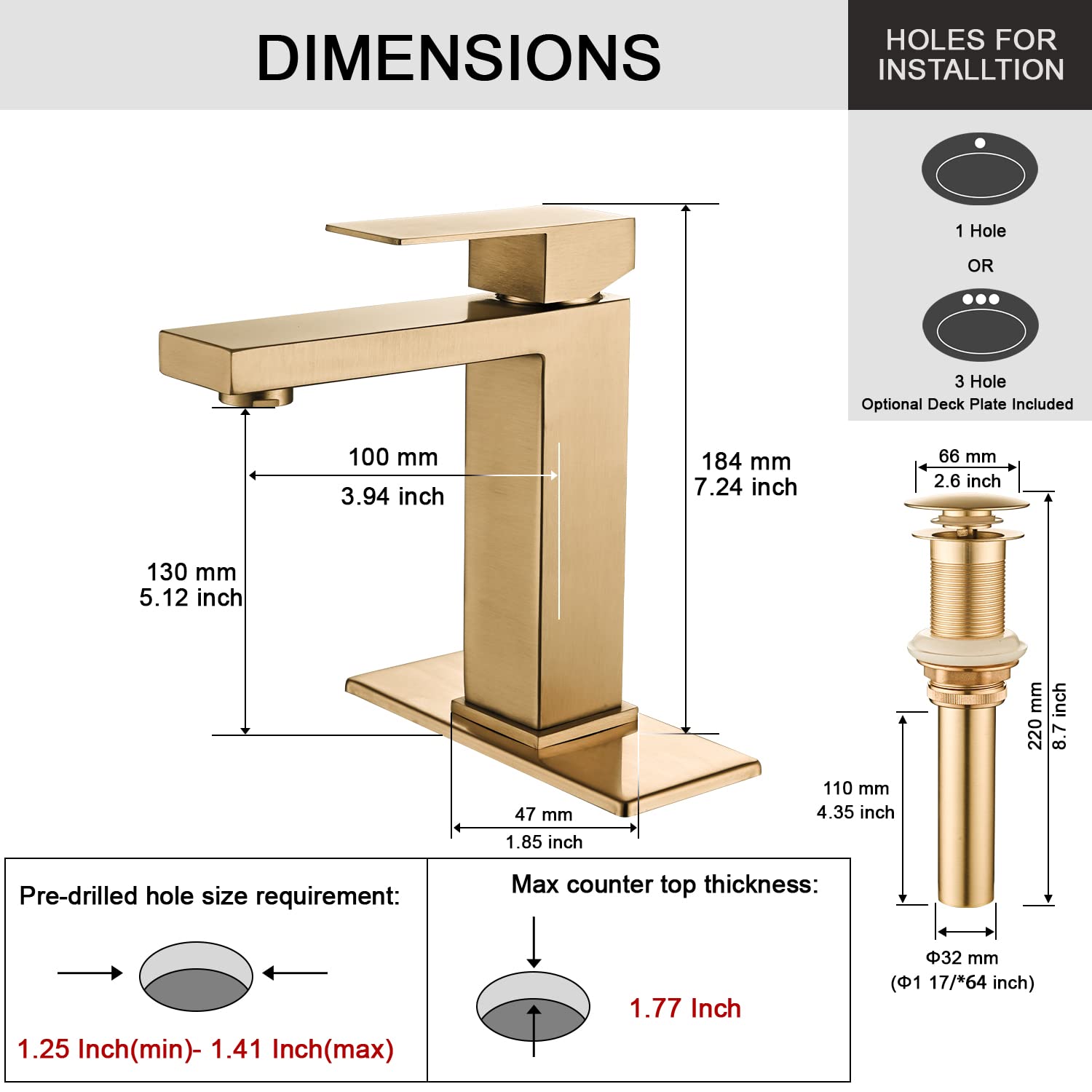 Matte Black Bathroom Faucet, Single Hole Vanity Bath Faucet, Single Handle Modern Stainless Steel Bathroom Faucets for Sink 1 Hole with Pop Up Drain Stopper & Water Supply Hoses