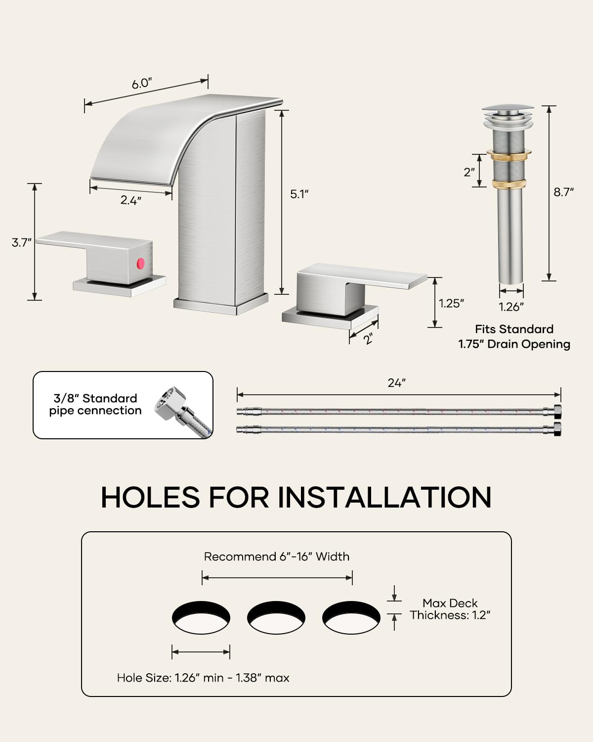 Matte Black Waterfall Bathroom Faucet 3 Hole, 8 Inch Widespread Modern 3 Piece Bathroom Sink Faucet, Touch On Lavatory Faucet for Vanity RV Restroom, Curved Spout