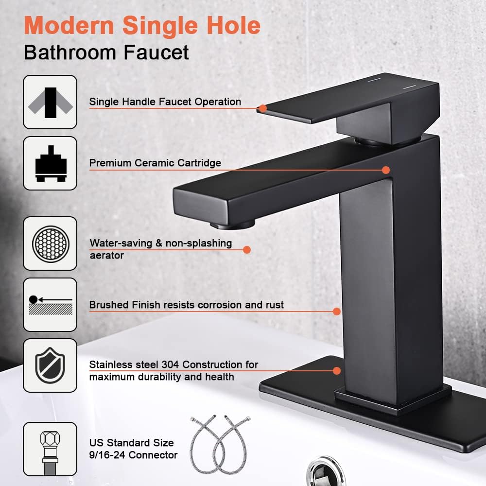 Matte Black Bathroom Faucet, Single Hole Vanity Bath Faucet, Single Handle Modern Stainless Steel Bathroom Faucets for Sink 1 Hole with Pop Up Drain Stopper & Water Supply Hoses