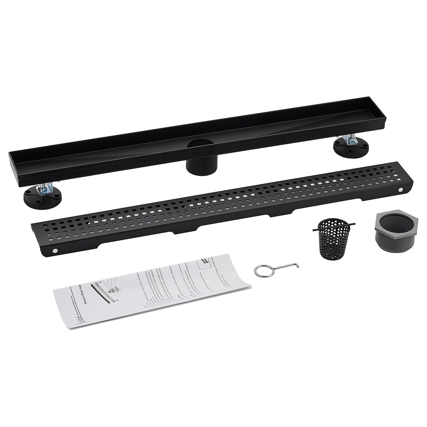 Linear Shower Floor Drain, Brushed Gold 12 Inch 304 Stainless Steel Bathroom Drains Kit, Long Rectangular Shower Trench Drain with Square Pattern Drain Cover & Hair Catcher