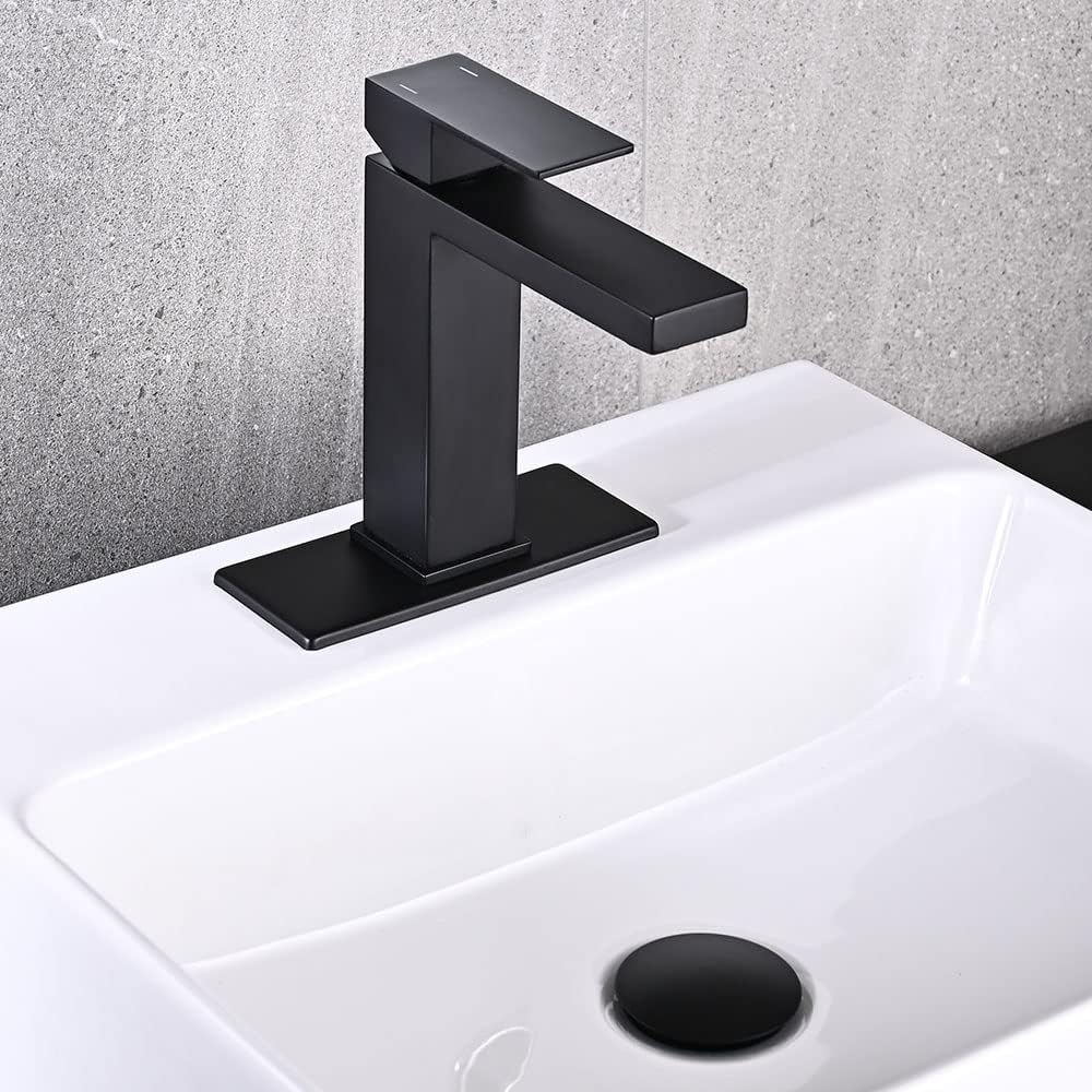Matte Black Bathroom Faucet, Single Hole Vanity Bath Faucet, Single Handle Modern Stainless Steel Bathroom Faucets for Sink 1 Hole with Pop Up Drain Stopper & Water Supply Hoses