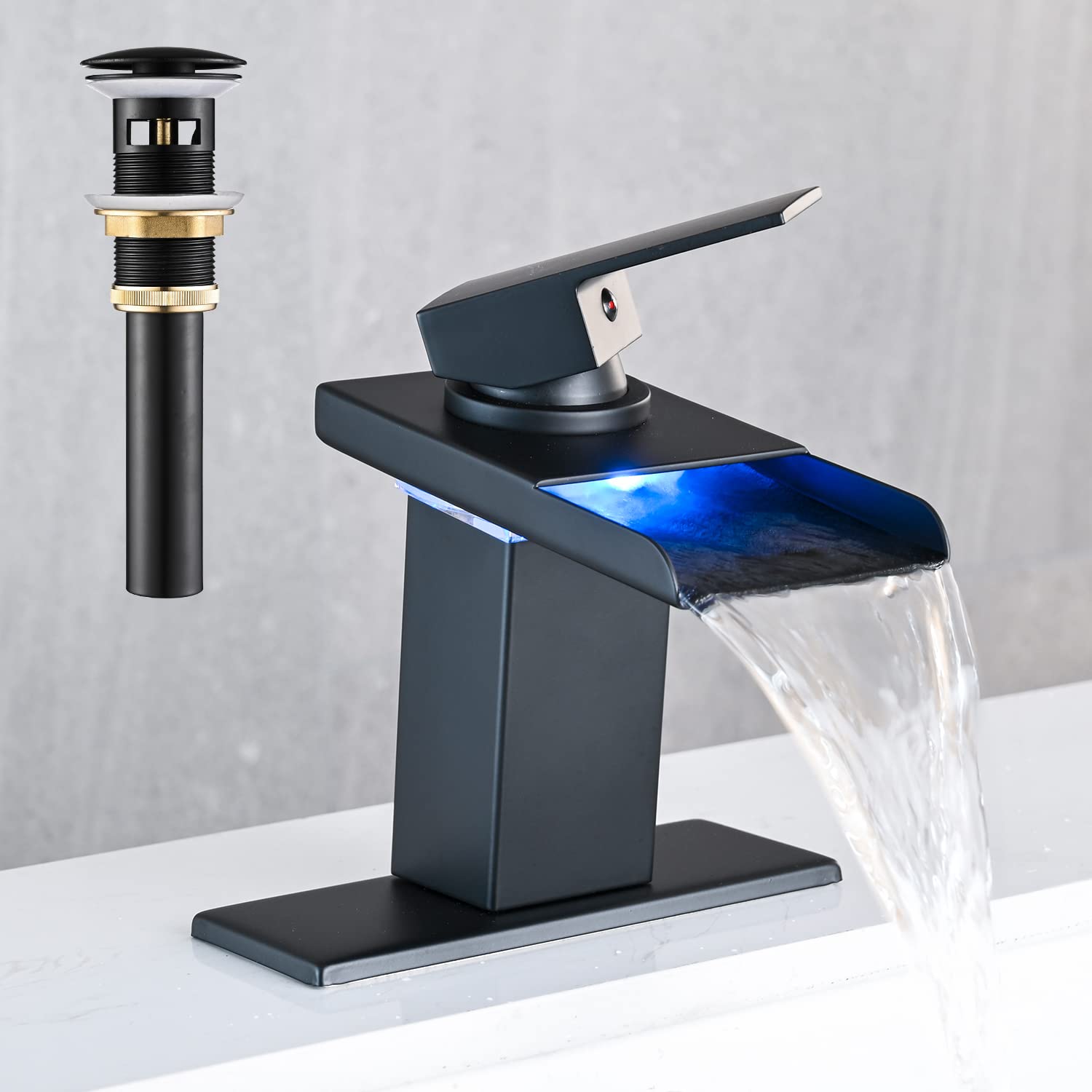 LED Bathroom Sink Faucet, Brushed Gold Waterfall Single Hole Handle Vanity Faucets for Sinks 1 Hole with Metal Pop Up Drain and 2 Water Supply Lines, Open Glass Spout