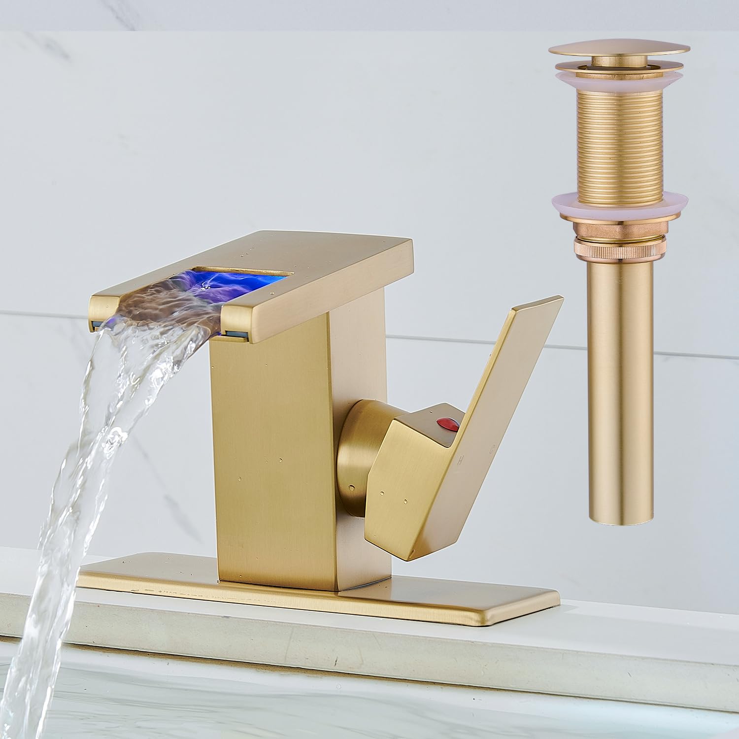 LED Bathroom Sink Faucet, Brushed Gold Waterfall Single Hole Handle Vanity Faucets for Sinks 1 Hole with Metal Pop Up Drain and 2 Water Supply Lines, Side Handle