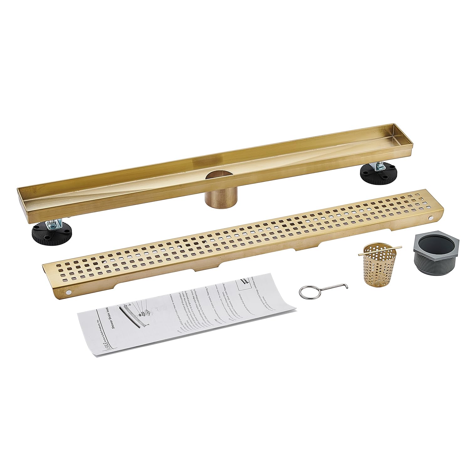 Linear Shower Floor Drain, Brushed Gold 12 Inch 304 Stainless Steel Bathroom Drains Kit, Long Rectangular Shower Trench Drain with Square Pattern Drain Cover & Hair Catcher