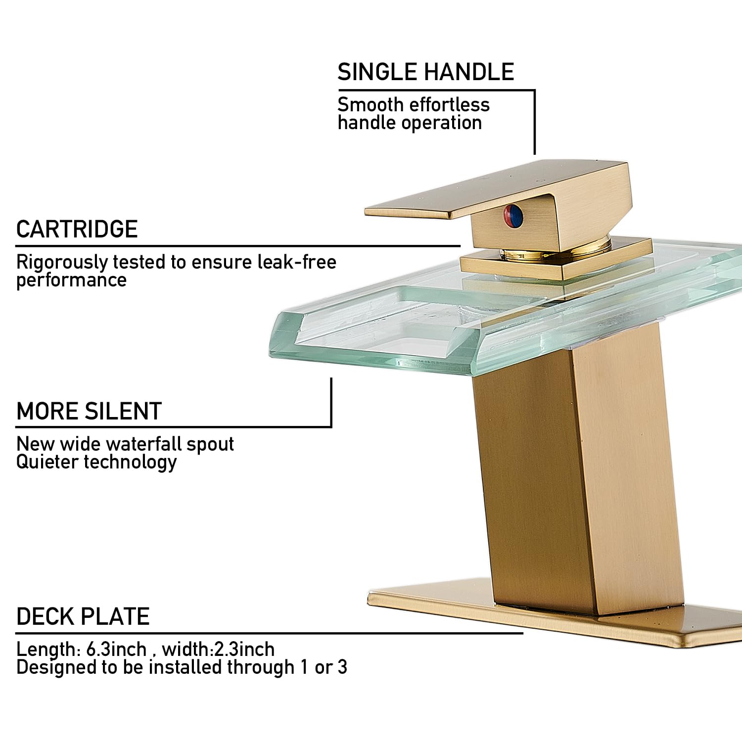 LED Bathroom Sink Faucet, Brushed Gold Waterfall Single Hole Handle Vanity Faucets for Sinks 1 Hole with Metal Pop Up Drain and 2 Water Supply Lines, Open Glass Spout