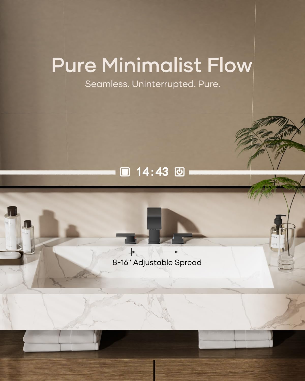 Matte Black Waterfall Bathroom Faucet 3 Hole, 8 Inch Widespread Modern 3 Piece Bathroom Sink Faucet, Touch On Lavatory Faucet for Vanity RV Restroom, Curved Spout