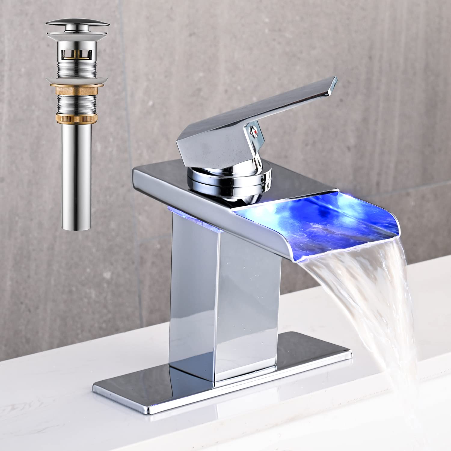 LED Bathroom Sink Faucet, Brushed Gold Waterfall Single Hole Handle Vanity Faucets for Sinks 1 Hole with Metal Pop Up Drain and 2 Water Supply Lines, Open Glass Spout