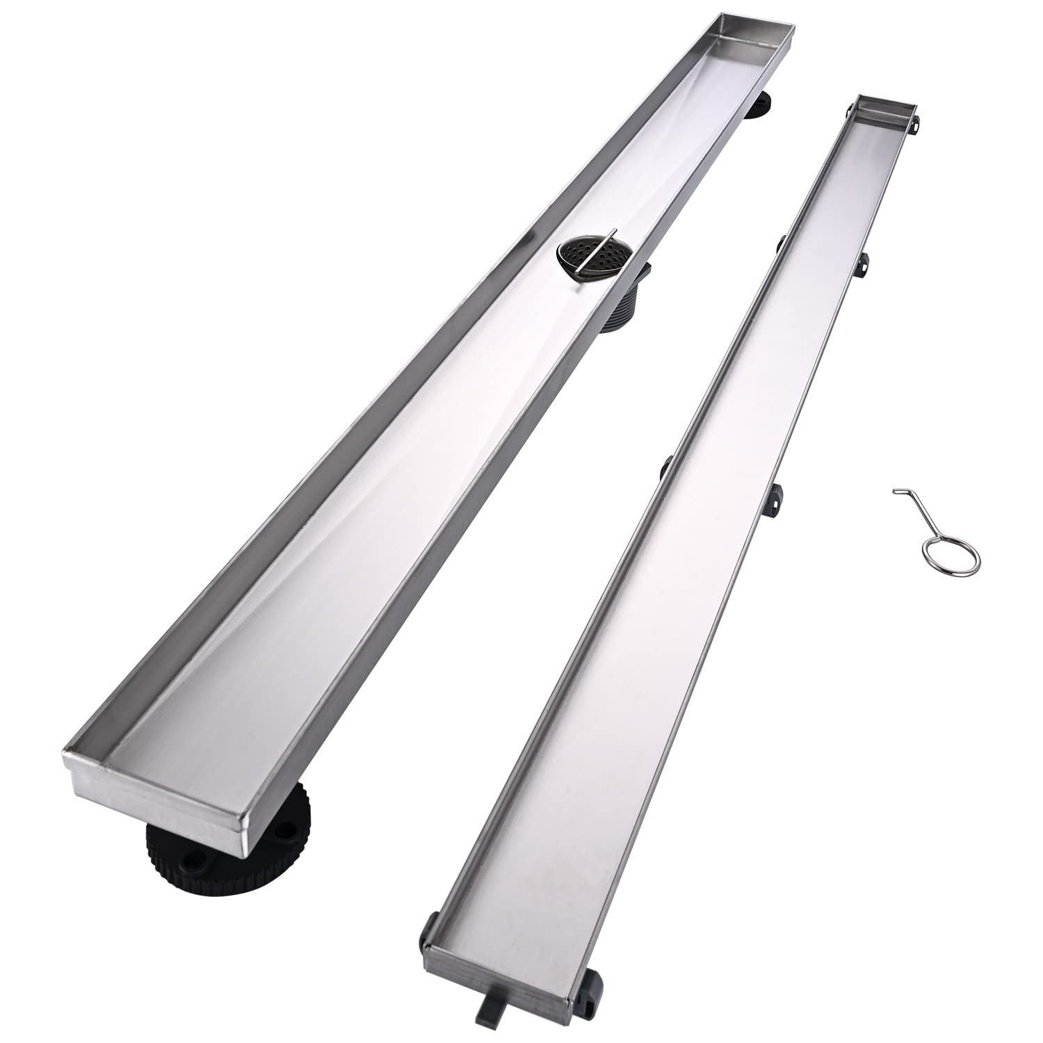 Linear Shower Floor Drain, Brushed Gold 24 Inch 304 Stainless Steel Bathroom Drains Kit, Rectangular Shower Trench Drain with Reversable Tile-in Pattern Drain Cover & Hair Catcher