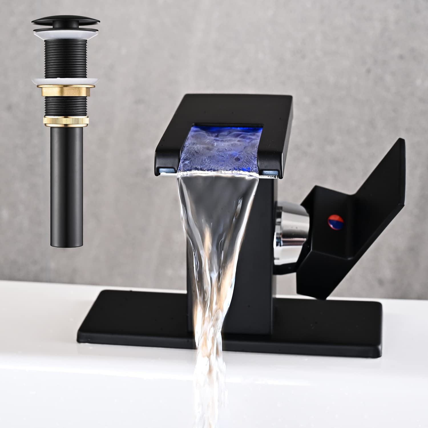 LED Bathroom Sink Faucet, Brushed Gold Waterfall Single Hole Handle Vanity Faucets for Sinks 1 Hole with Metal Pop Up Drain and 2 Water Supply Lines, Side Handle