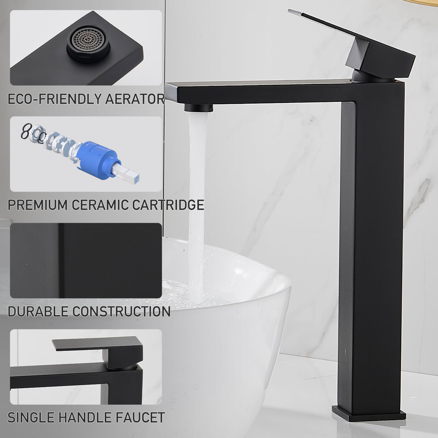 Matte Black Bathroom Faucet, Single Hole Vanity Bath Faucet, Single Handle Modern Stainless Steel Bathroom Faucets for Sink 1 Hole with Pop Up Drain Stopper & Water Supply Hoses