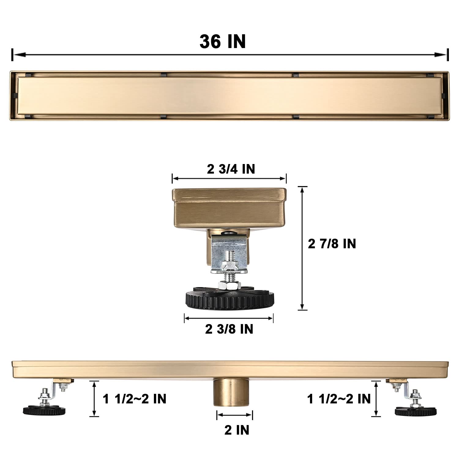 Linear Shower Floor Drain, Brushed Gold 24 Inch 304 Stainless Steel Bathroom Drains Kit, Rectangular Shower Trench Drain with Reversable Tile-in Pattern Drain Cover & Hair Catcher