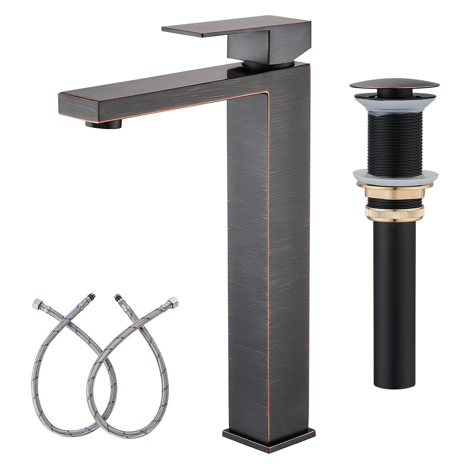 Matte Black Bathroom Faucet, Single Hole Vanity Bath Faucet, Single Handle Modern Stainless Steel Bathroom Faucets for Sink 1 Hole with Pop Up Drain Stopper & Water Supply Hoses