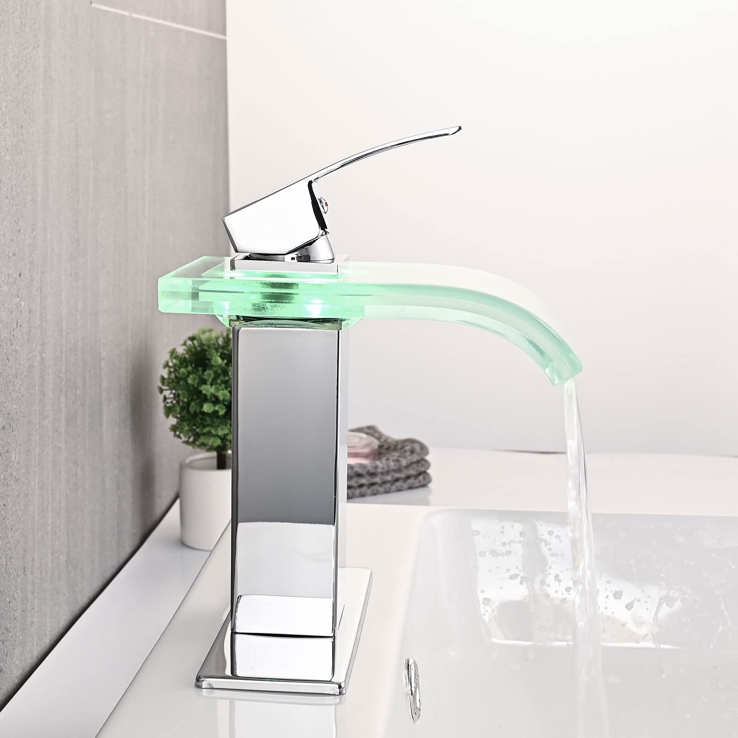 LED Bathroom Sink Faucet, Brushed Nickel Waterfall Single Hole Handle Vanity Faucets for Sinks 1 Hole with Metal Pop Up Drain and 2 Water Supply Lines, Wide Glass Spout