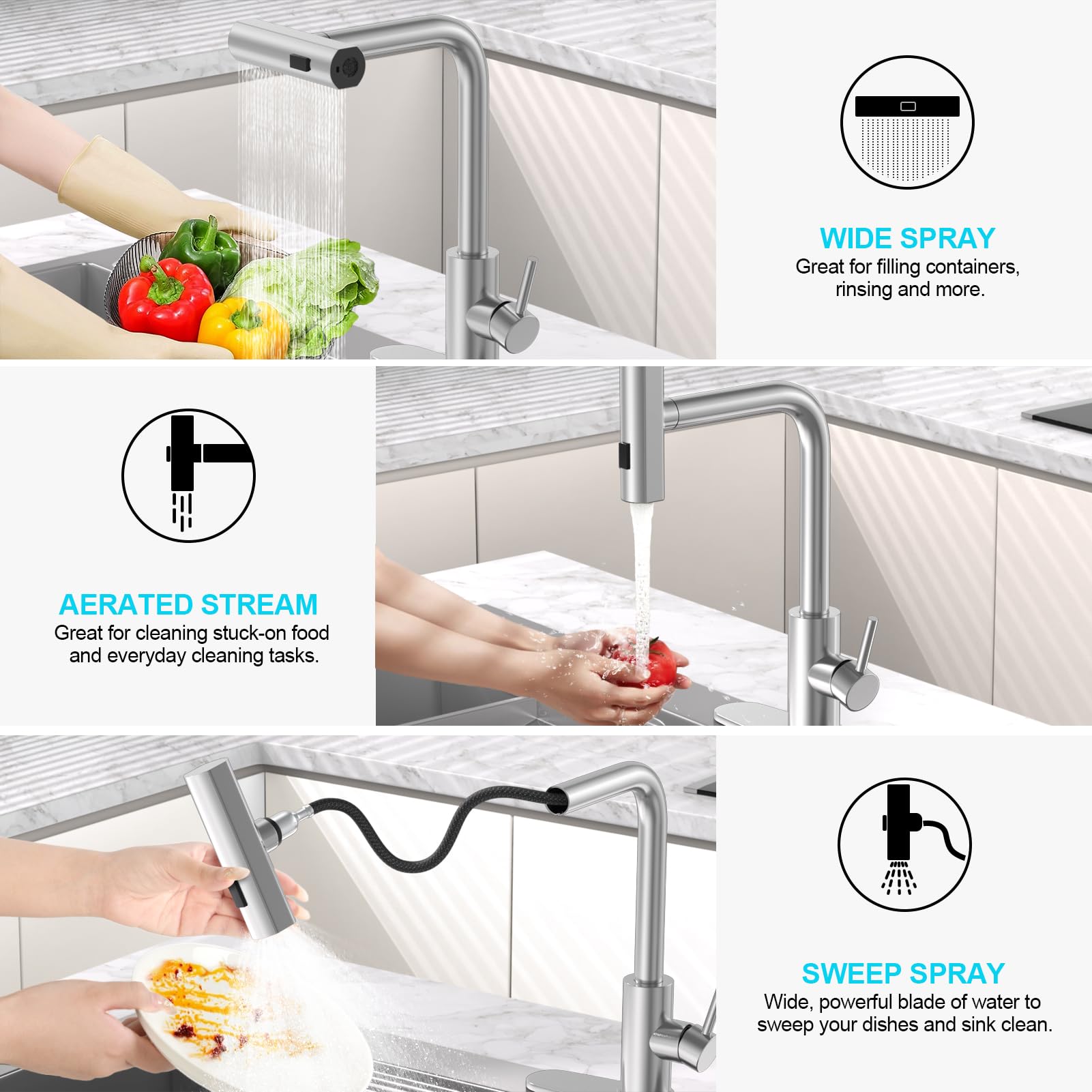 Brushed Nickel Kitchen Faucets with Pull Down Sprayer & Soap Dispenser, Single Hole & Handle, Pull Out Tap, Waterfall Stainless Steel Sink Faucet for Farmhouse Camper Laundry Rv Bar