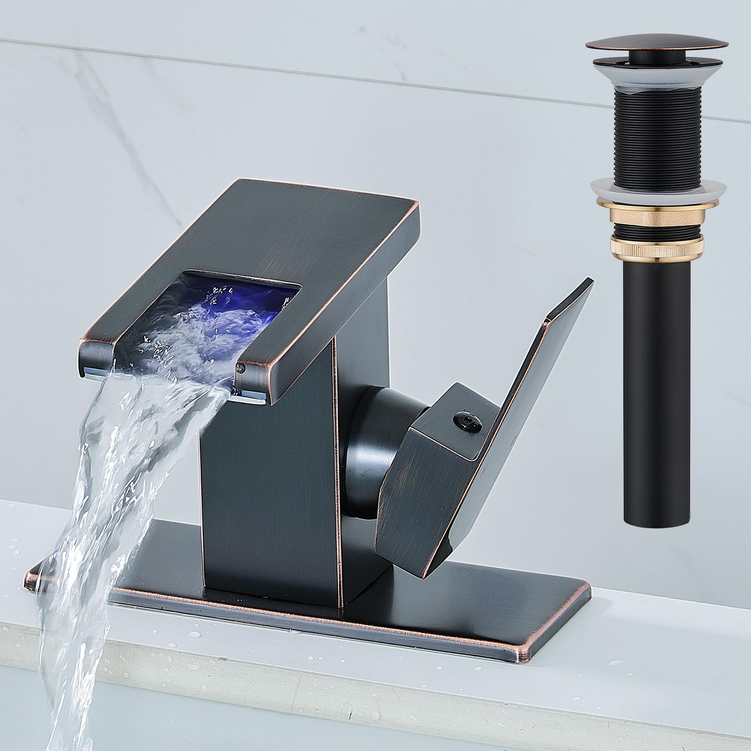 LED Bathroom Sink Faucet, Brushed Gold Waterfall Single Hole Handle Vanity Faucets for Sinks 1 Hole with Metal Pop Up Drain and 2 Water Supply Lines, Side Handle