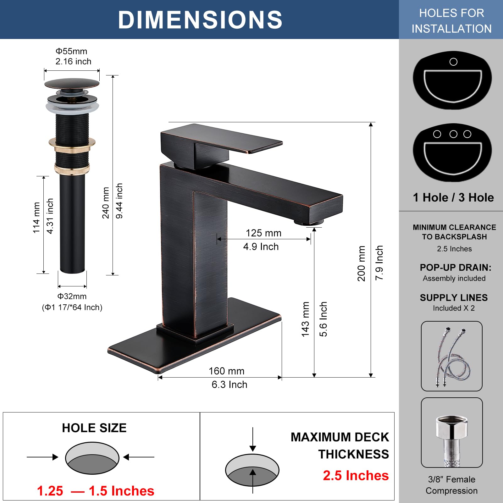 Matte Black Bathroom Faucet, Single Hole Vanity Bath Faucet, Single Handle Modern Stainless Steel Bathroom Faucets for Sink 1 Hole with Pop Up Drain Stopper & Water Supply Hoses