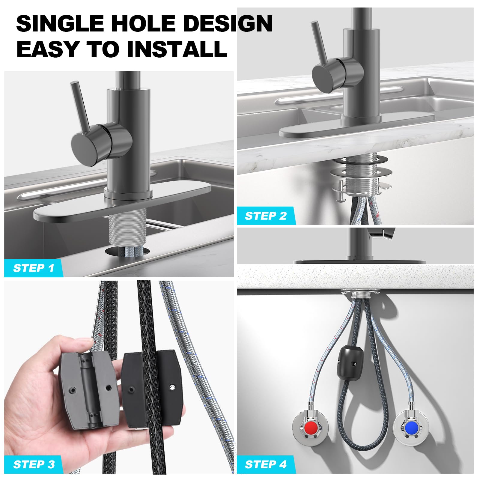 Brushed Nickel Kitchen Faucets with Pull Down Sprayer & Soap Dispenser, Single Hole & Handle, Pull Out Tap, Waterfall Stainless Steel Sink Faucet for Farmhouse Camper Laundry Rv Bar